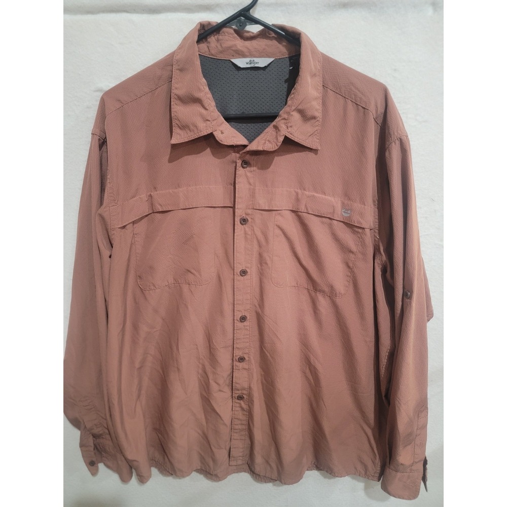 Wrangler Mens XL Outdoor Shirt Rust Orange Micro Check Long Sleeve Roll Tab Hike